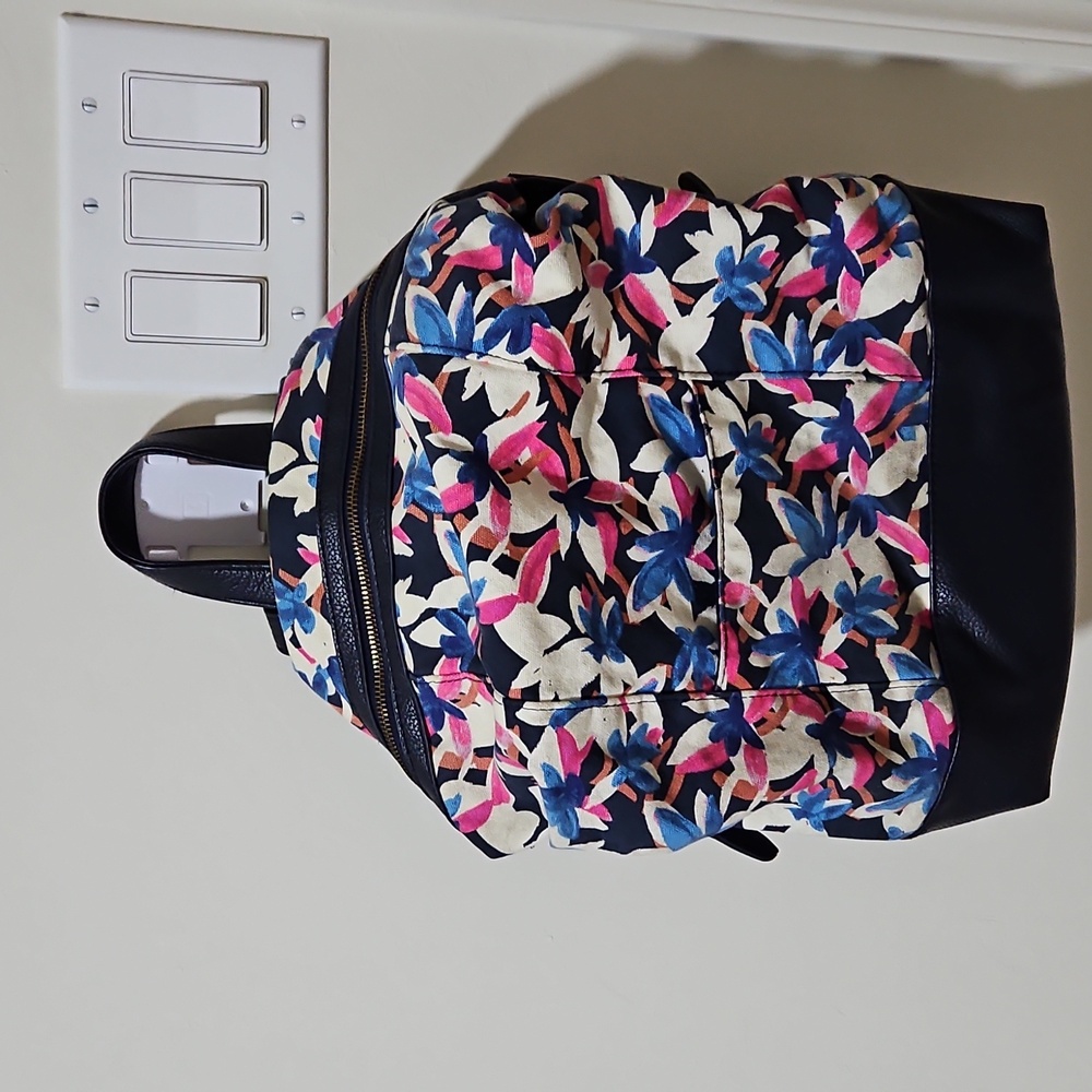 Floral Print Top with Faux Blue Leather Accent